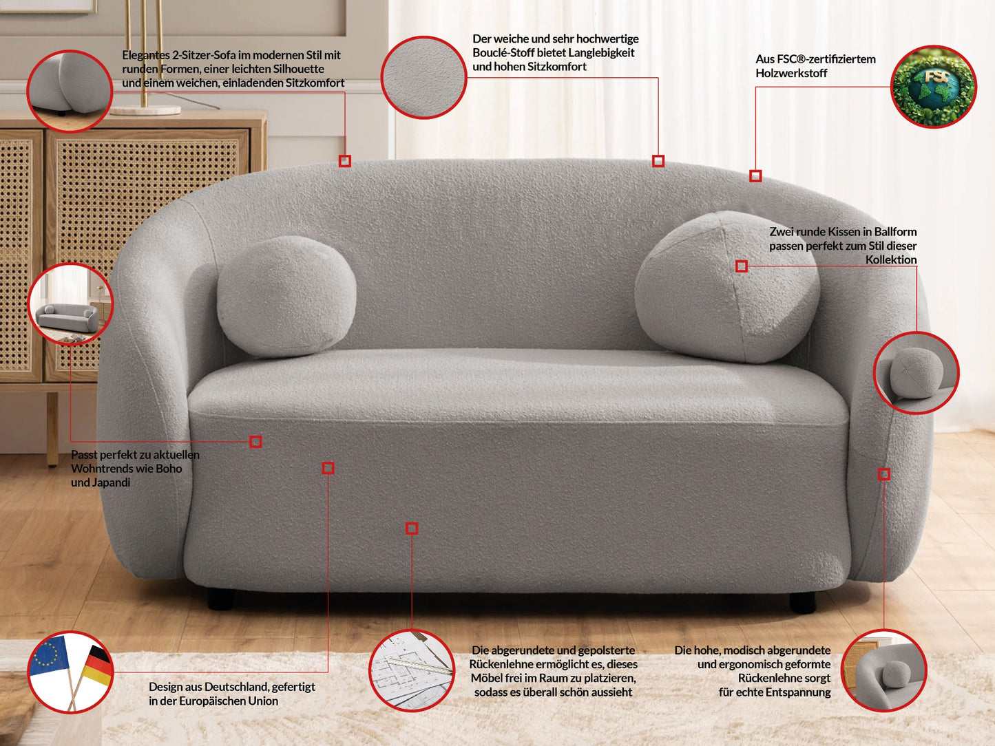 Bloom 2er Sofa - Modernes Bouclé-Sofa - Grau