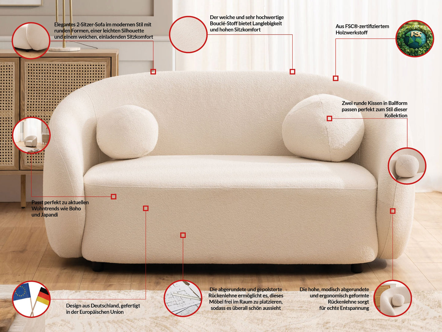 Bloom 2er Sofa - Modernes Bouclé-Sofa - Creme