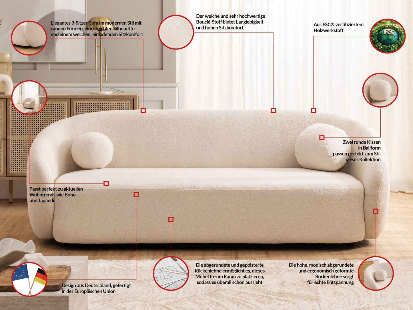 Bloom 3er Sofa - Modernes Bouclé-Sofa - Cream