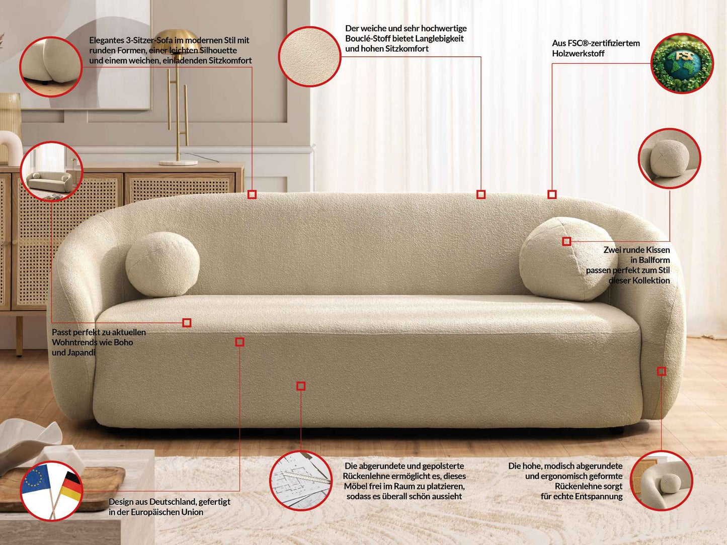 Bloom 3er Sofa - Modernes Bouclé-Sofa - Braun